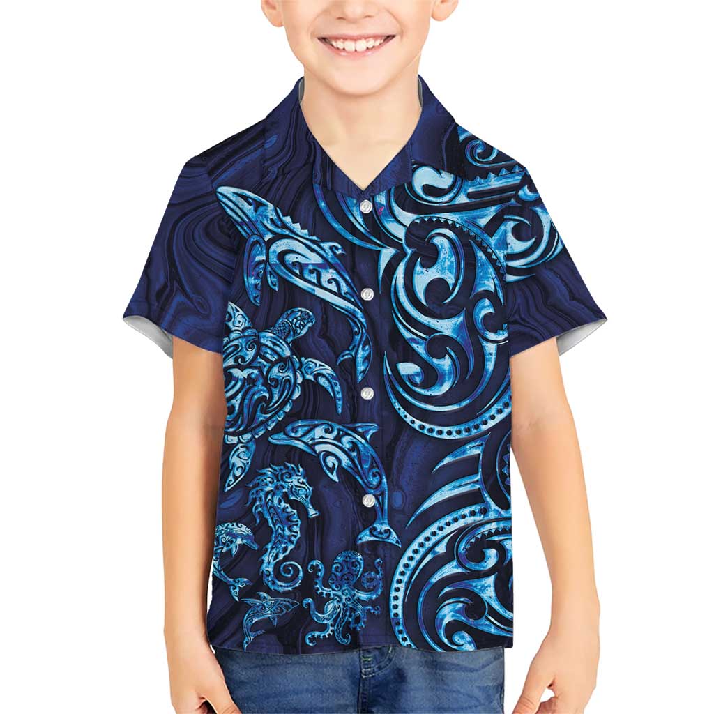 New Zealand Connecting with Seas Family Matching Short Sleeve Bodycon Dress and Hawaiian Shirt Maori Tribal and Sea Animals Tattoo - Sea Texture Glass Style