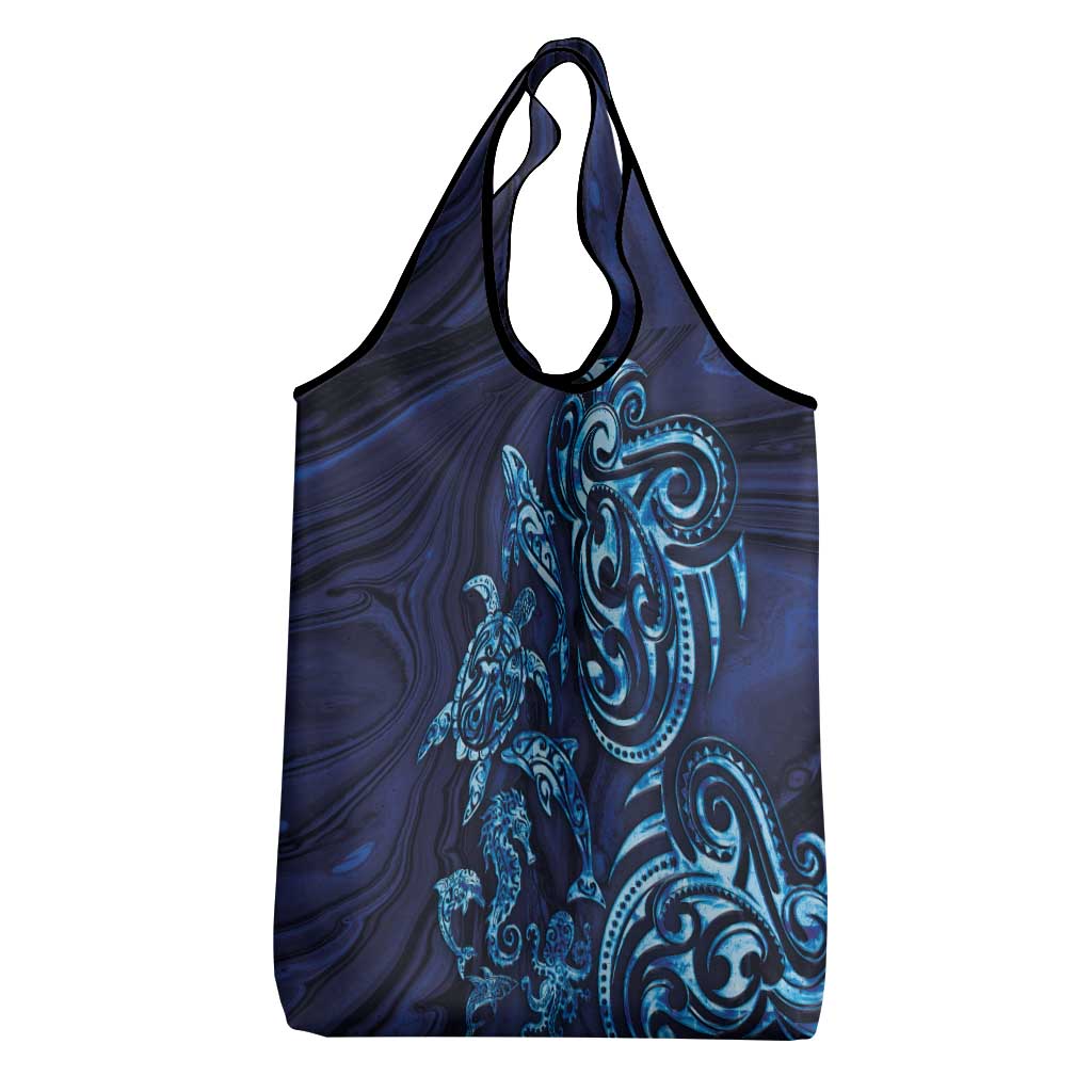 New Zealand Connecting with Seas Grocery Bag Maori Tribal and Sea Animals Tattoo - Sea Texture Glass Style