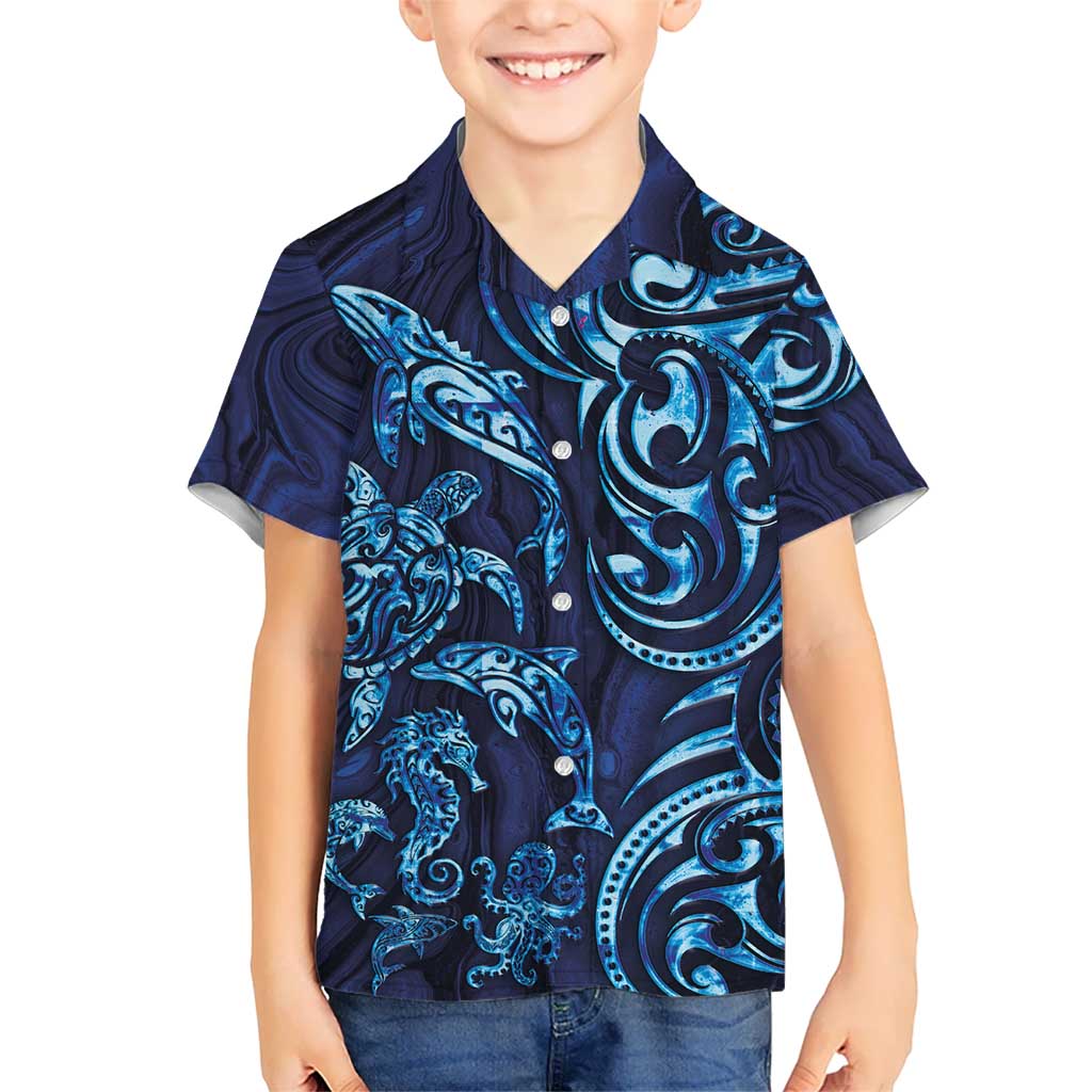 New Zealand Connecting with Seas Hawaiian Shirt Maori Tribal and Sea Animals Tattoo - Sea Texture Glass Style