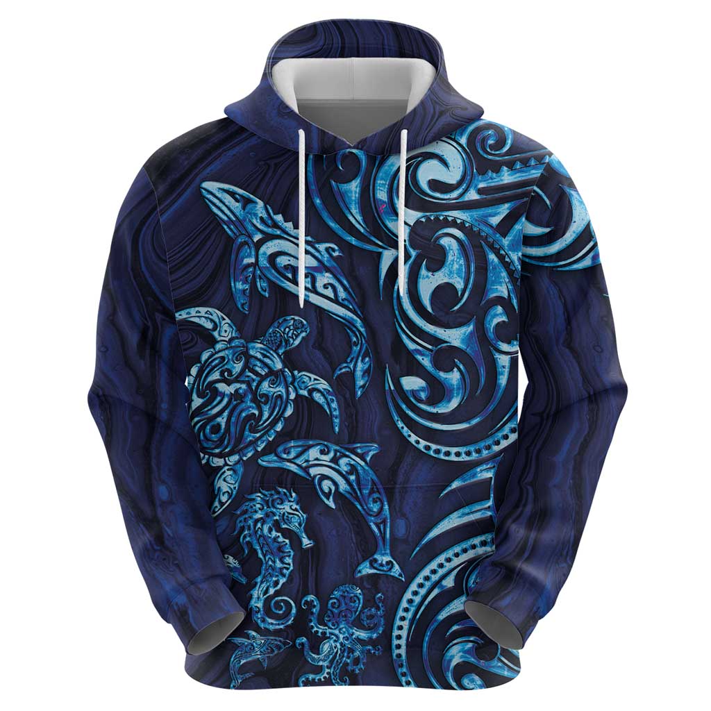 New Zealand Connecting with Seas Hoodie Maori Tribal and Sea Animals Tattoo - Sea Texture Glass Style