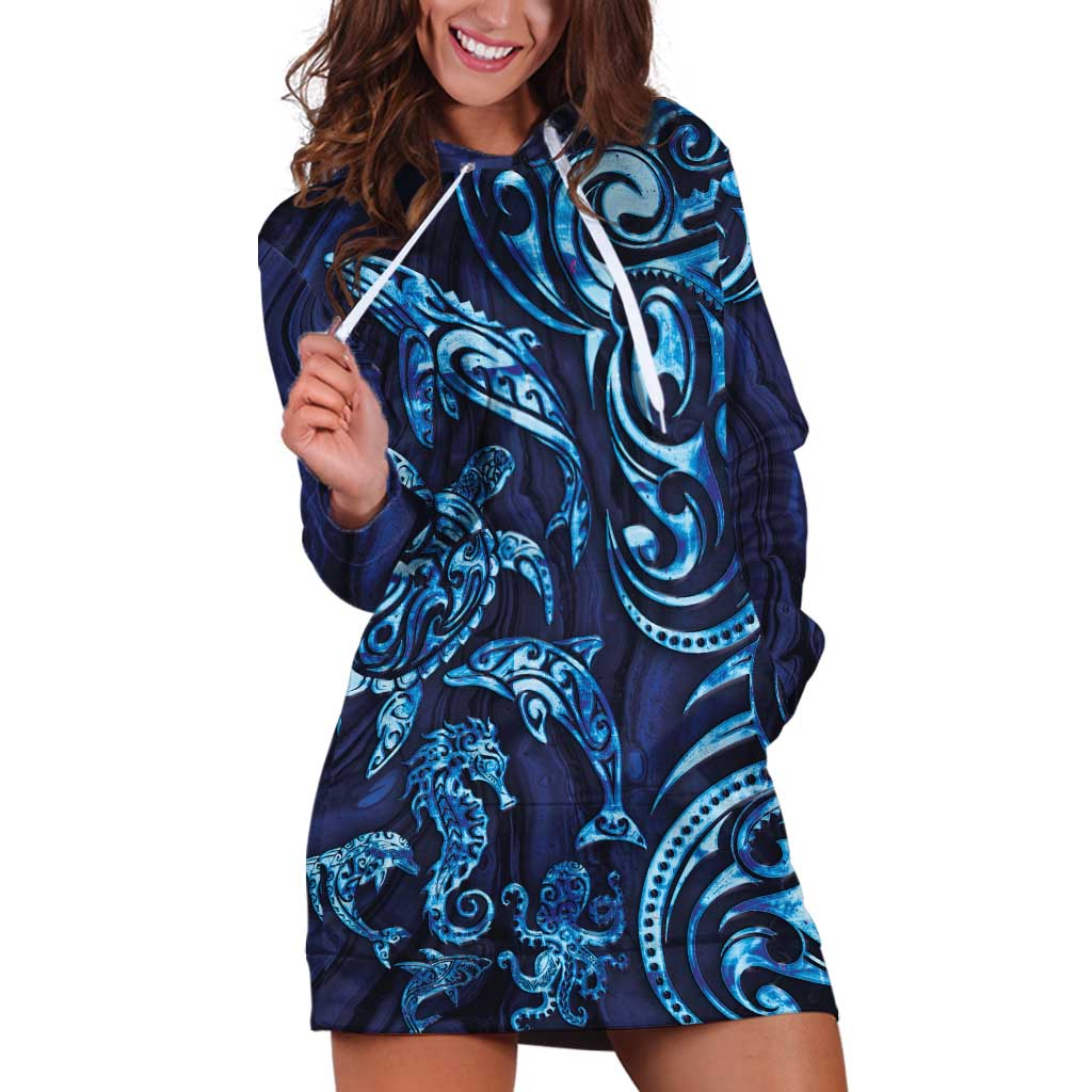 New Zealand Connecting with Seas Hoodie Dress Maori Tribal and Sea Animals Tattoo - Sea Texture Glass Style LT03 Navy - Polynesian Pride