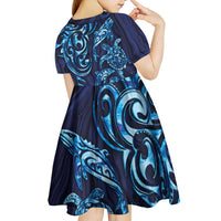 New Zealand Connecting with Seas Kid Short Sleeve Dress Maori Tribal and Sea Animals Tattoo - Sea Texture Glass Style LT03 - Polynesian Pride
