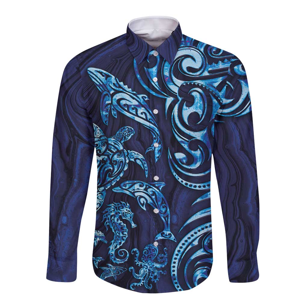New Zealand Connecting with Seas Long Sleeve Button Shirt Maori Tribal and Sea Animals Tattoo - Sea Texture Glass Style LT03 Unisex Navy - Polynesian Pride