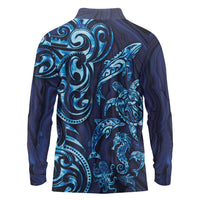 New Zealand Connecting with Seas Long Sleeve Polo Shirt Maori Tribal and Sea Animals Tattoo - Sea Texture Glass Style