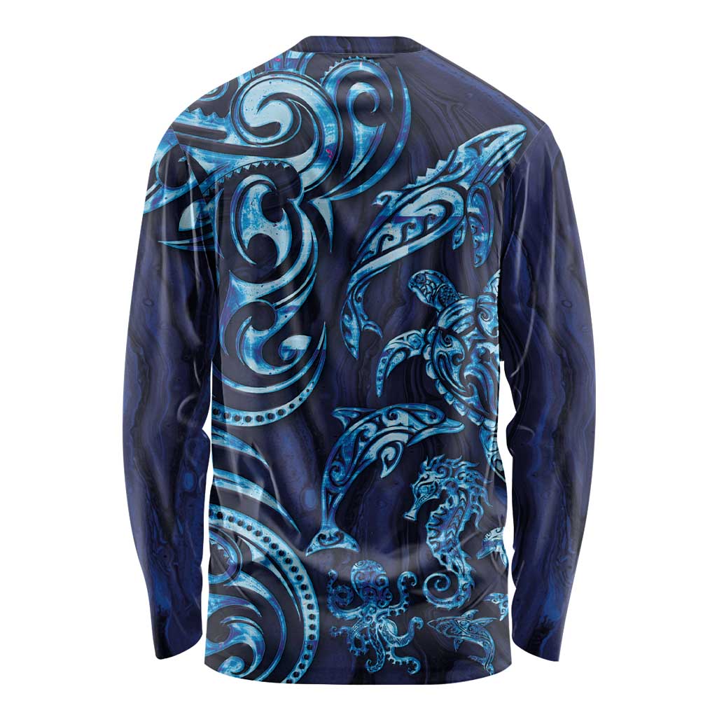 New Zealand Connecting with Seas Long Sleeve Shirt Maori Tribal and Sea Animals Tattoo - Sea Texture Glass Style LT03 - Polynesian Pride