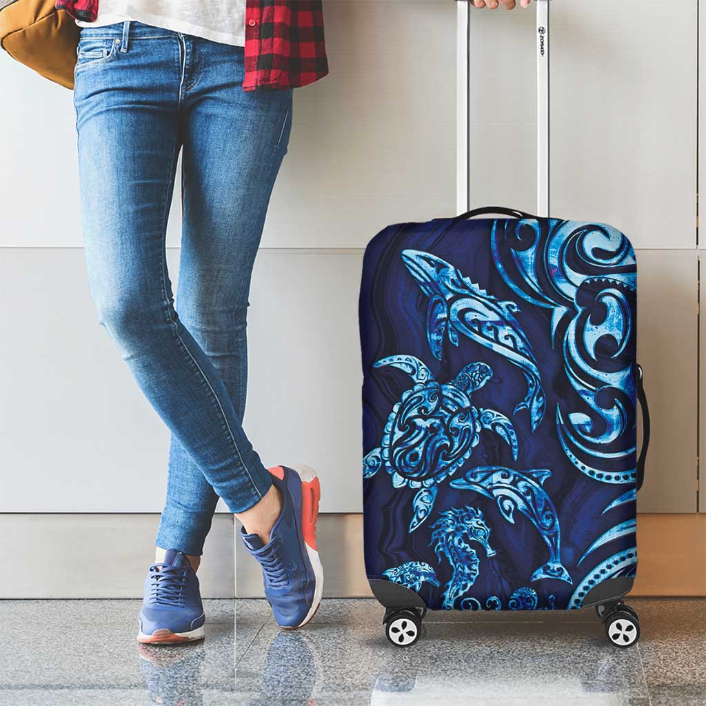 New Zealand Connecting with Seas Luggage Cover Maori Tribal and Sea Animals Tattoo - Sea Texture Glass Style