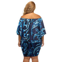 New Zealand Connecting with Seas Off Shoulder Short Dress Maori Tribal and Sea Animals Tattoo - Sea Texture Glass Style LT03 - Polynesian Pride