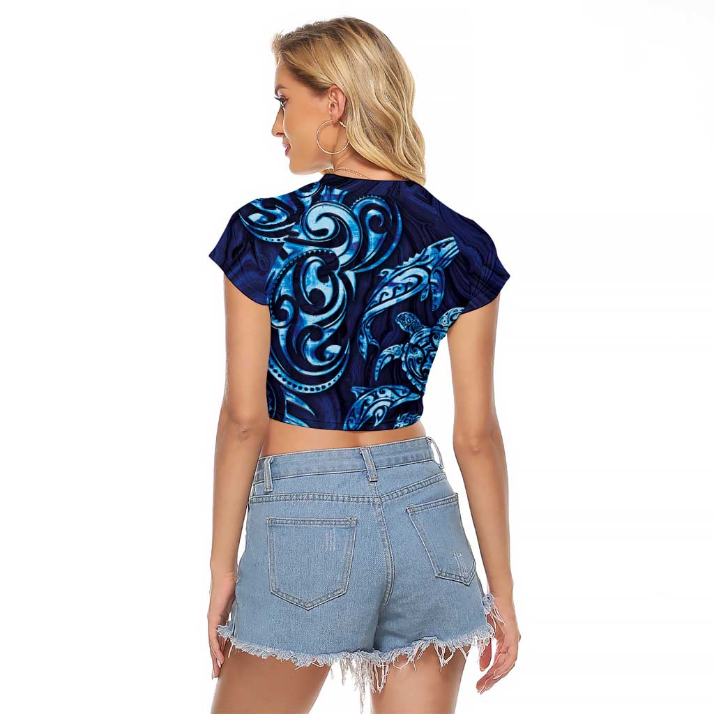 New Zealand Connecting with Seas Raglan Cropped T Shirt Maori Tribal and Sea Animals Tattoo - Sea Texture Glass Style LT03 - Polynesian Pride