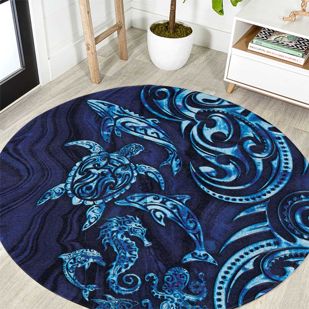 New Zealand Connecting with Seas Round Carpet Maori Tribal and Sea Animals Tattoo - Sea Texture Glass Style LT03 Navy - Polynesian Pride