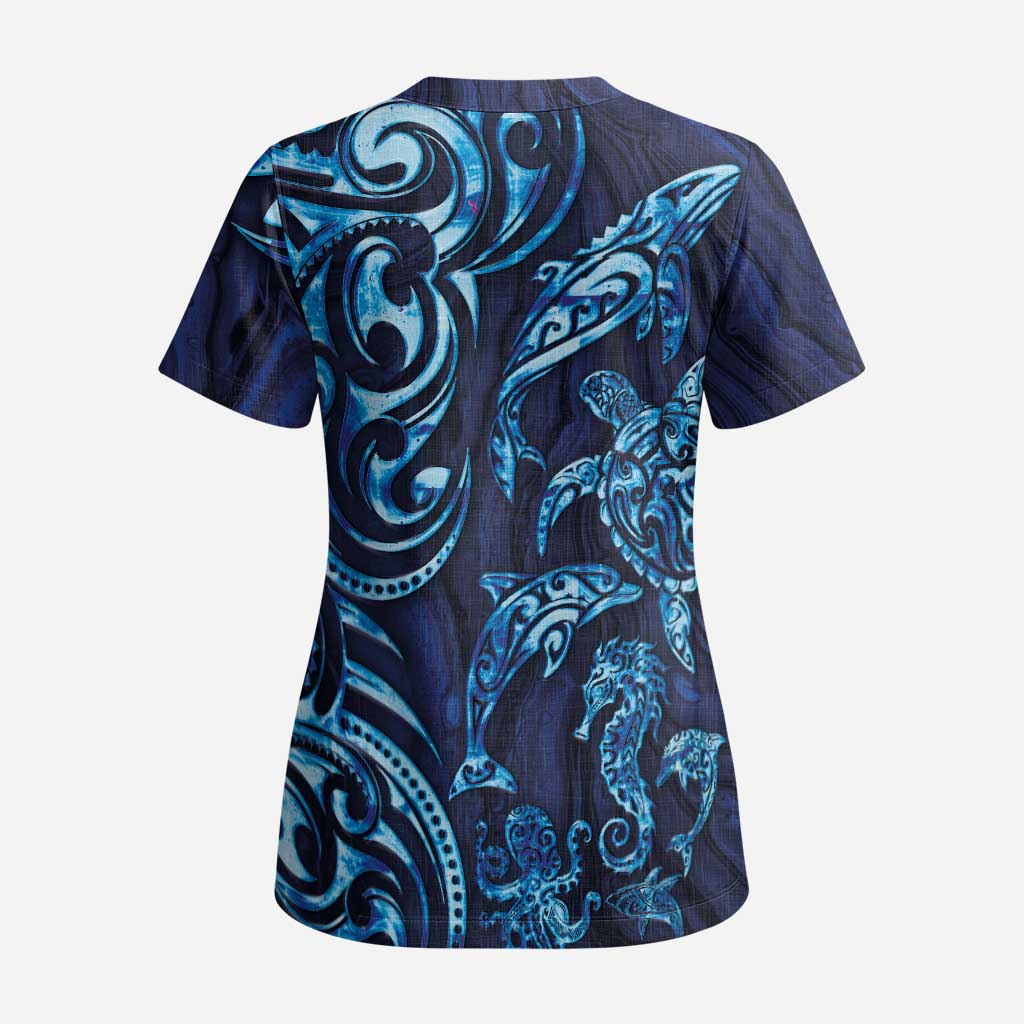 New Zealand Connecting with Seas Scrub Top Maori Tribal and Sea Animals Tattoo - Sea Texture Glass Style - Polynesian Pride