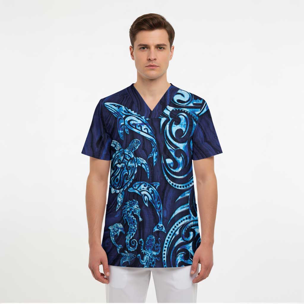 New Zealand Connecting with Seas Scrub Top Maori Tribal and Sea Animals Tattoo - Sea Texture Glass Style - Polynesian Pride