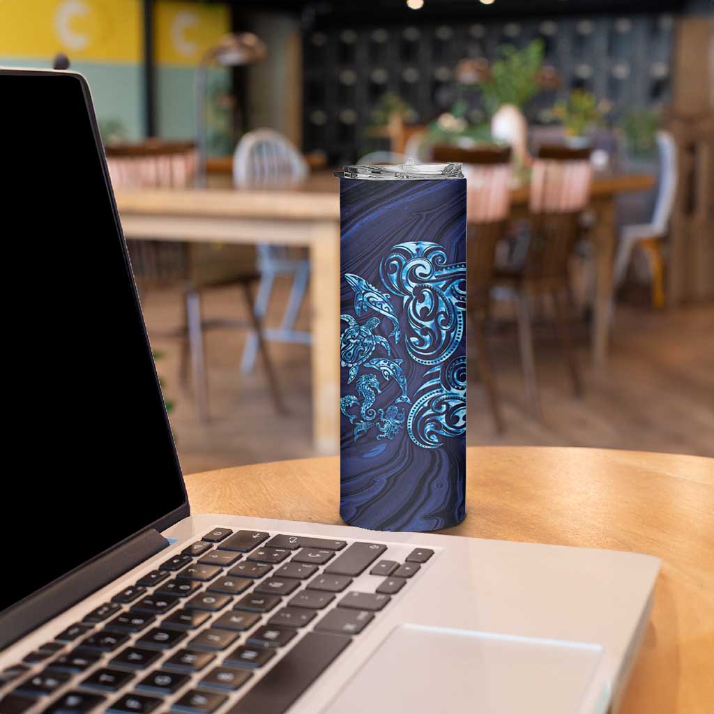 New Zealand Connecting with Seas Skinny Tumbler Maori Tribal and Sea Animals Tattoo - Sea Texture Glass Style LT03 - Polynesian Pride