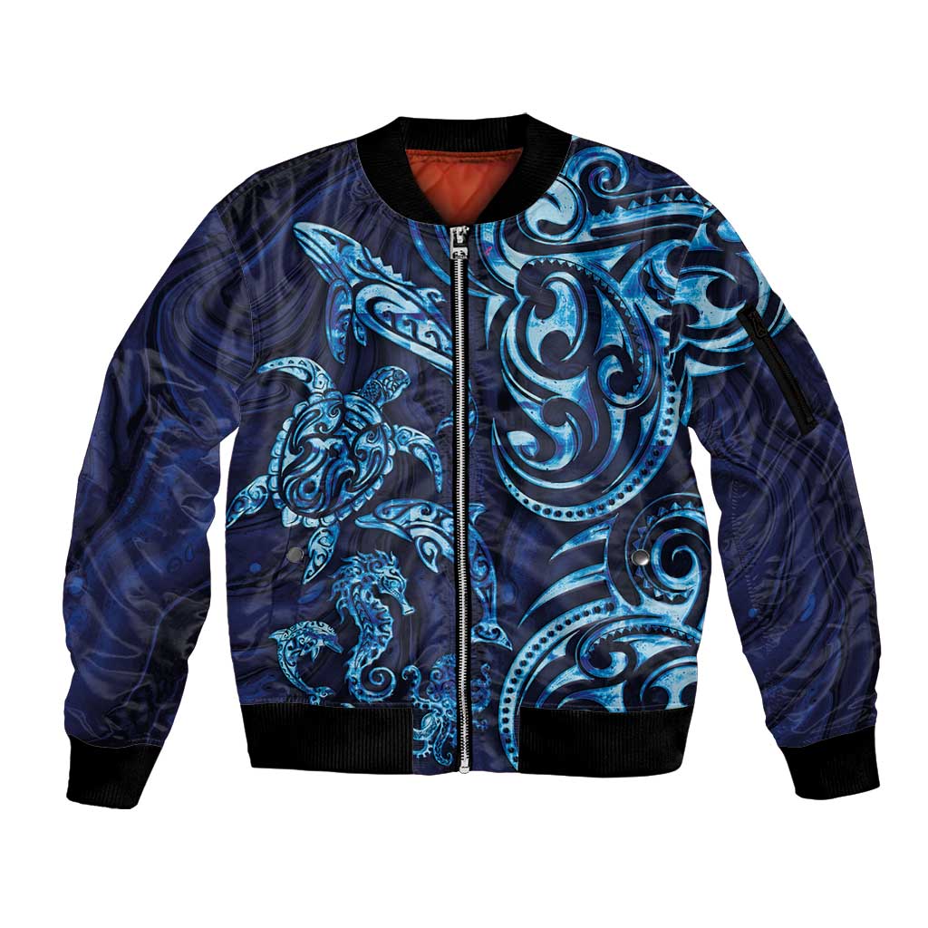 New Zealand Connecting with Seas Sleeve Zip Bomber Jacket Maori Tribal and Sea Animals Tattoo - Sea Texture Glass Style LT03 Unisex Navy - Polynesian Pride