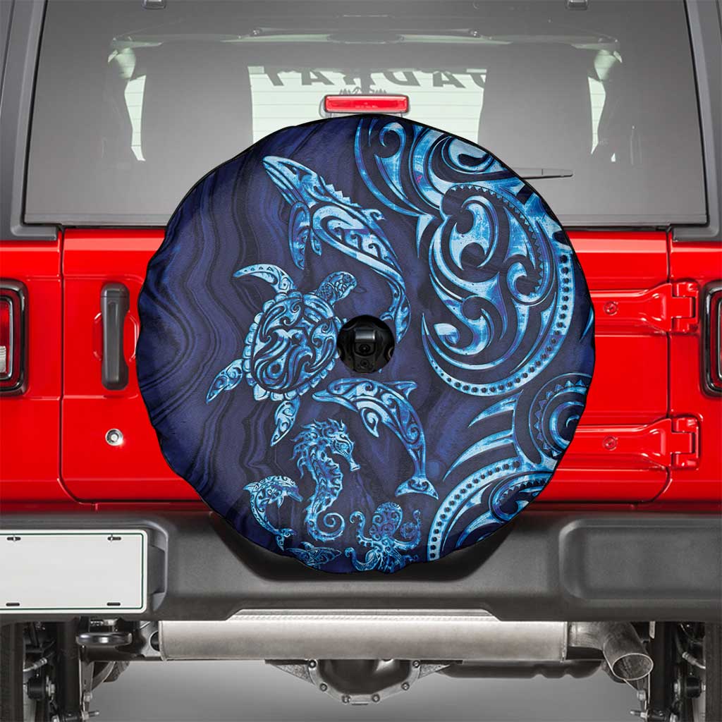 New Zealand Connecting with Seas Spare Tire Cover Maori Tribal and Sea Animals Tattoo - Sea Texture Glass Style