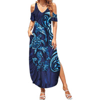 New Zealand Connecting with Seas Summer Maxi Dress Maori Tribal and Sea Animals Tattoo - Sea Texture Glass Style LT03 Women Navy - Polynesian Pride
