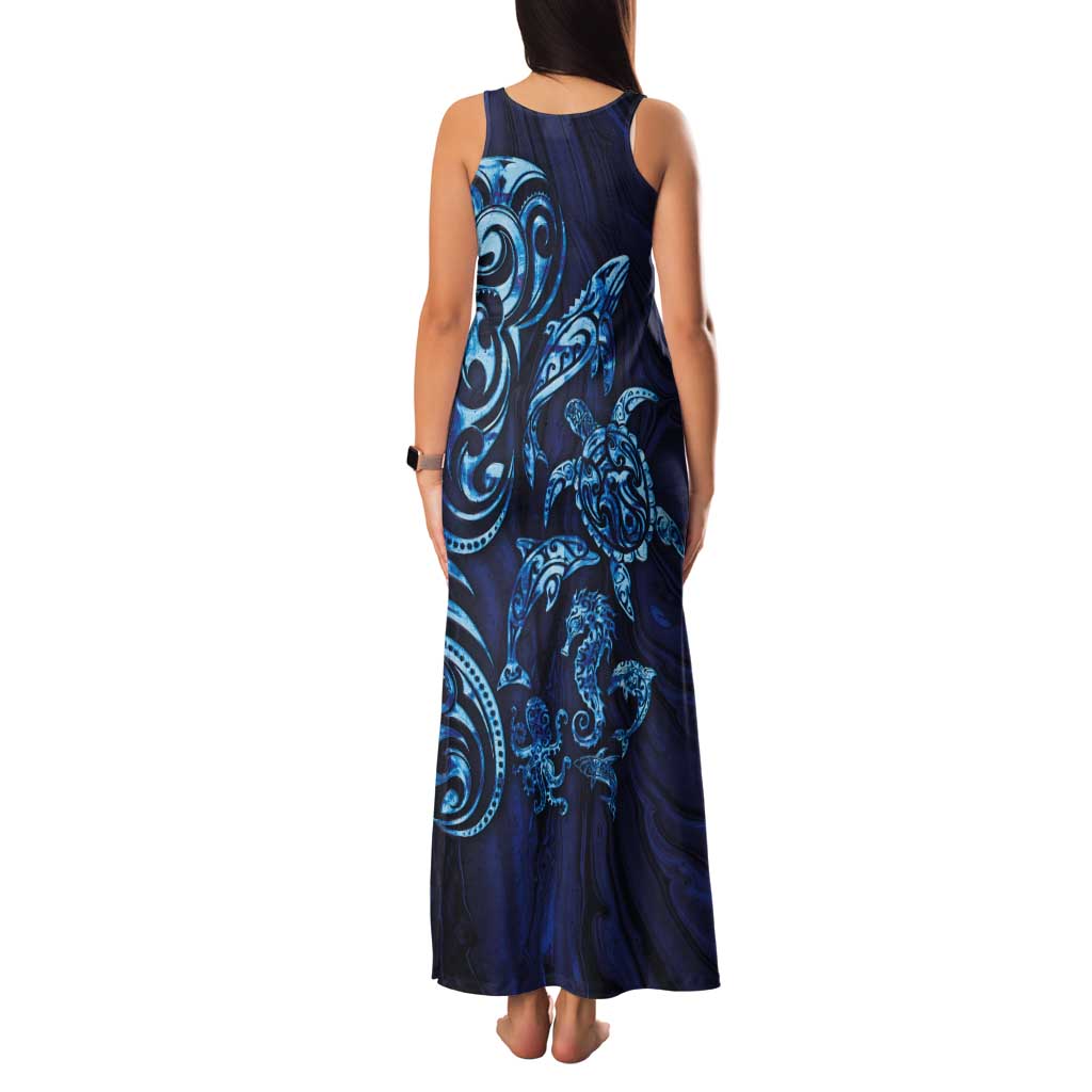 New Zealand Connecting with Seas Tank Maxi Dress Maori Tribal and Sea Animals Tattoo - Sea Texture Glass Style LT03 - Polynesian Pride