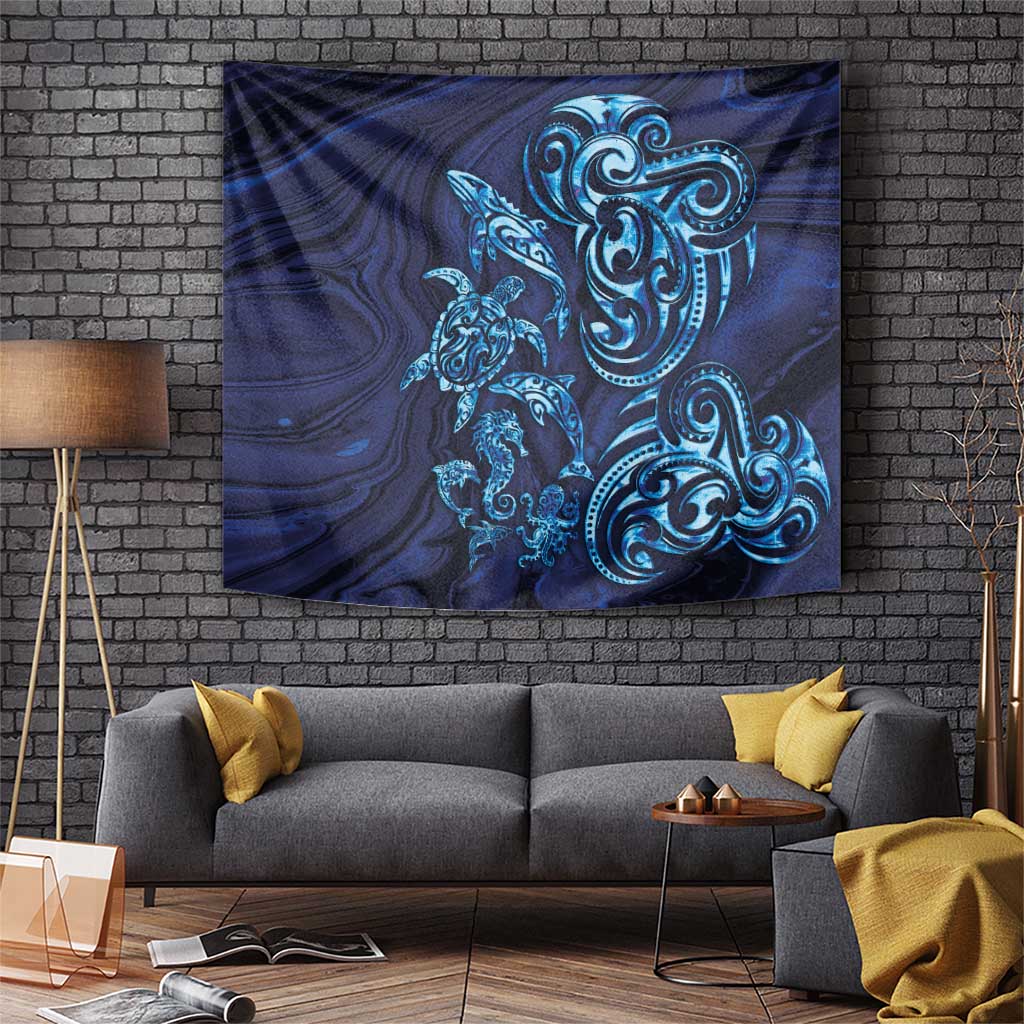 New Zealand Connecting with Seas Tapestry Maori Tribal and Sea Animals Tattoo - Sea Texture Glass Style