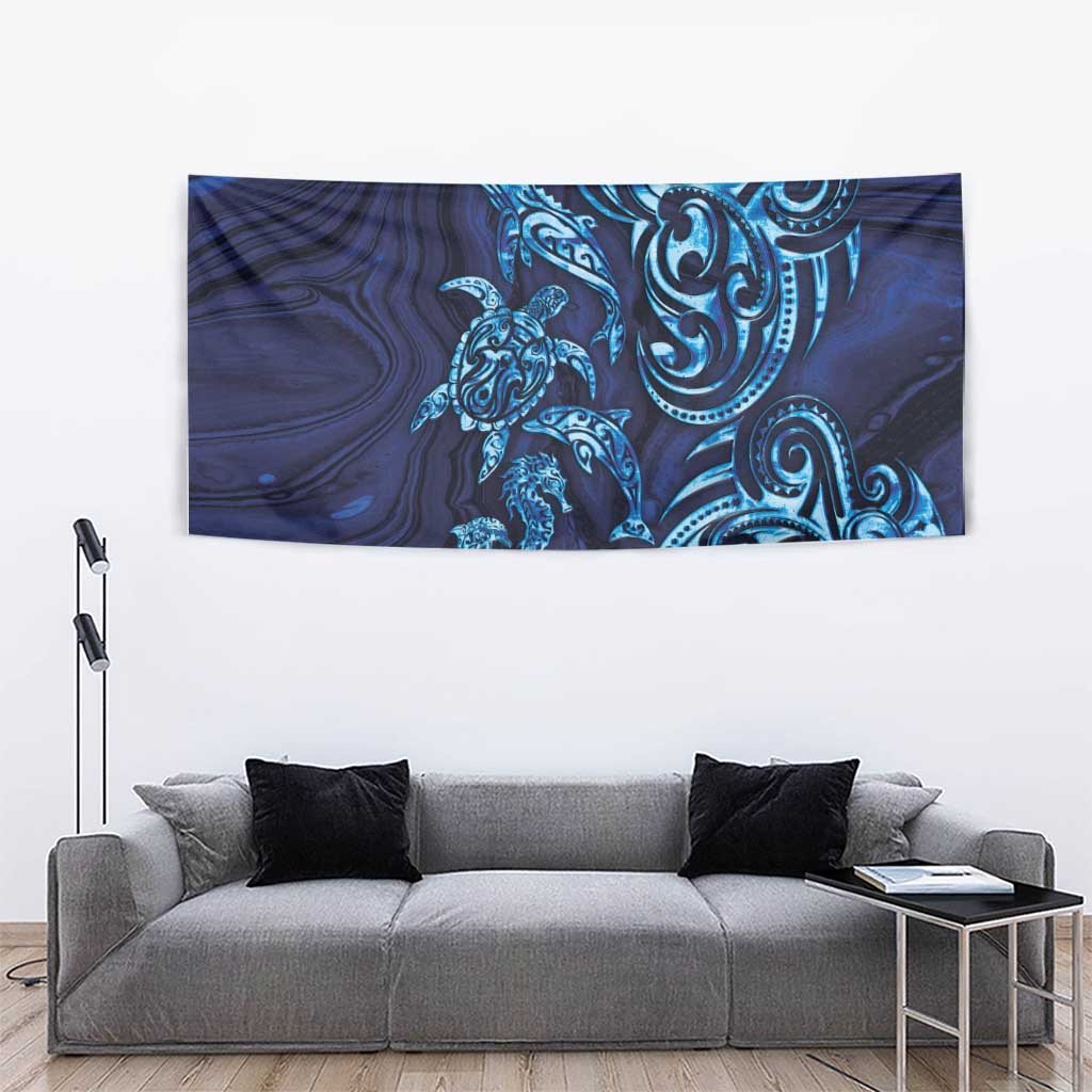 New Zealand Connecting with Seas Tapestry Maori Tribal and Sea Animals Tattoo - Sea Texture Glass Style