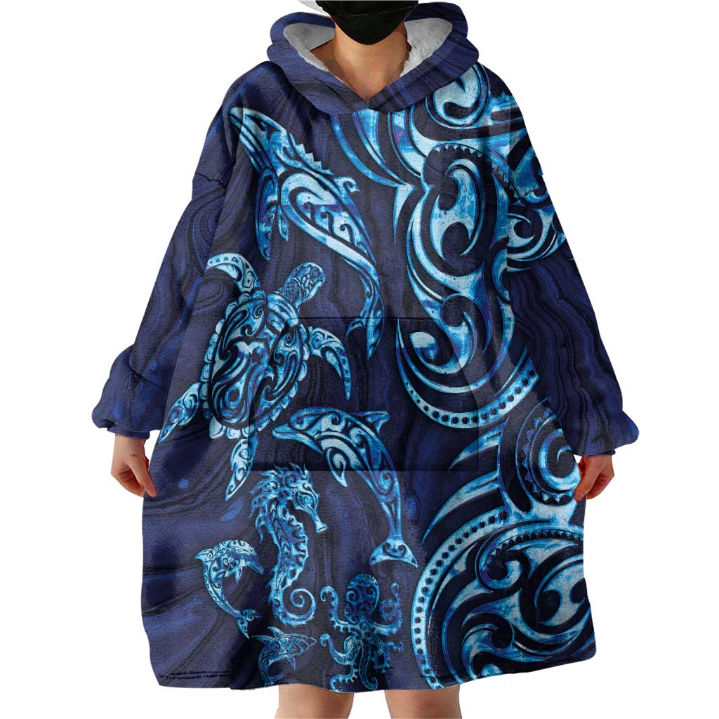 New Zealand Connecting with Seas Wearable Blanket Hoodie Maori Tribal and Sea Animals Tattoo - Sea Texture Glass Style LT03 - Polynesian Pride