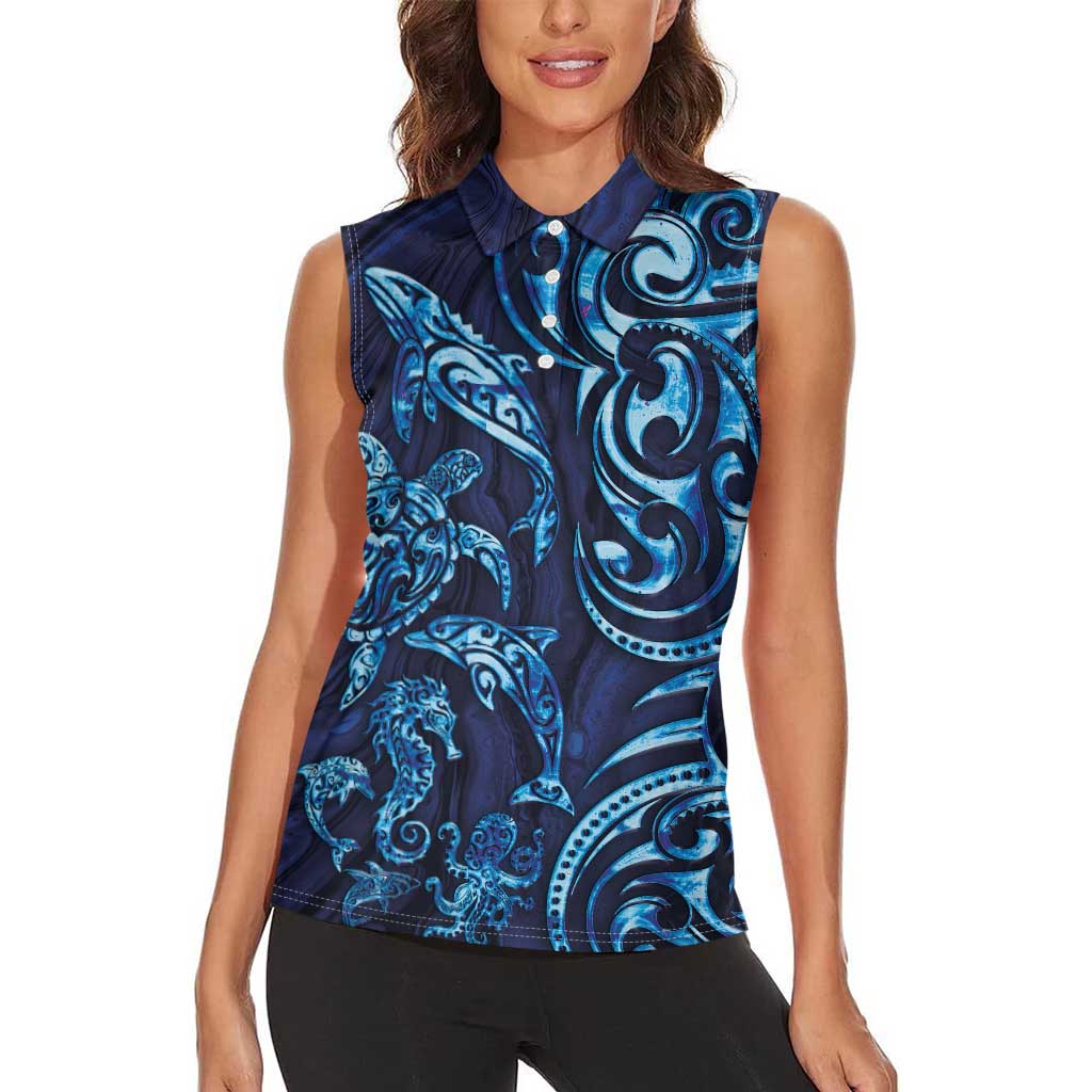 New Zealand Connecting with Seas Women Sleeveless Polo Shirt Maori Tribal and Sea Animals Tattoo - Sea Texture Glass Style