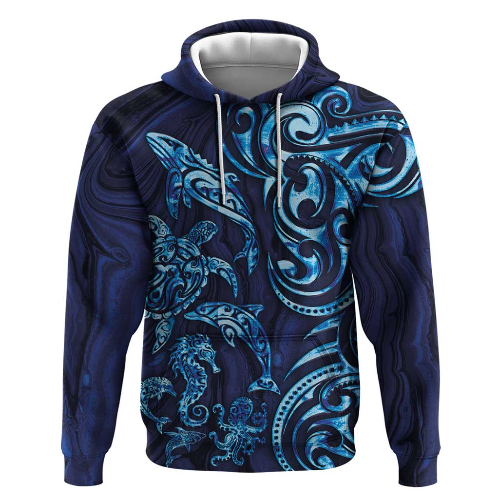 New Zealand Connecting with Seas Zip Hoodie Maori Tribal and Sea Animals Tattoo - Sea Texture Glass Style LT03 Pullover Hoodie Navy - Polynesian Pride