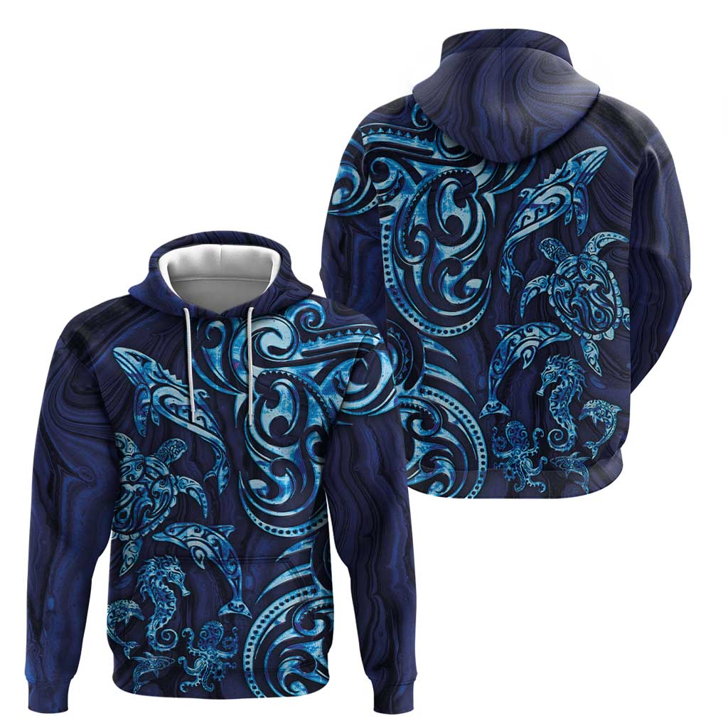 New Zealand Connecting with Seas Zip Hoodie Maori Tribal and Sea Animals Tattoo - Sea Texture Glass Style LT03 - Polynesian Pride