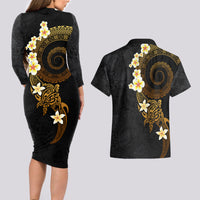 Polynesian Spiral Tribal Tattoo Couples Matching Long Sleeve Bodycon Dress and Hawaiian Shirt Golden Color LT03 - Polynesian Pride