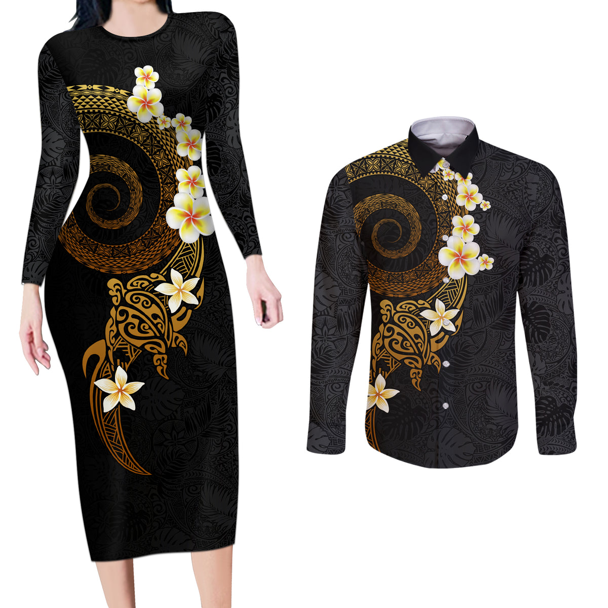 Polynesian Spiral Tribal Tattoo Couples Matching Long Sleeve Bodycon Dress and Long Sleeve Button Shirt Golden Color