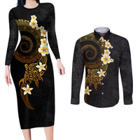 Polynesian Spiral Tribal Tattoo Couples Matching Long Sleeve Bodycon Dress and Long Sleeve Button Shirt Golden Color