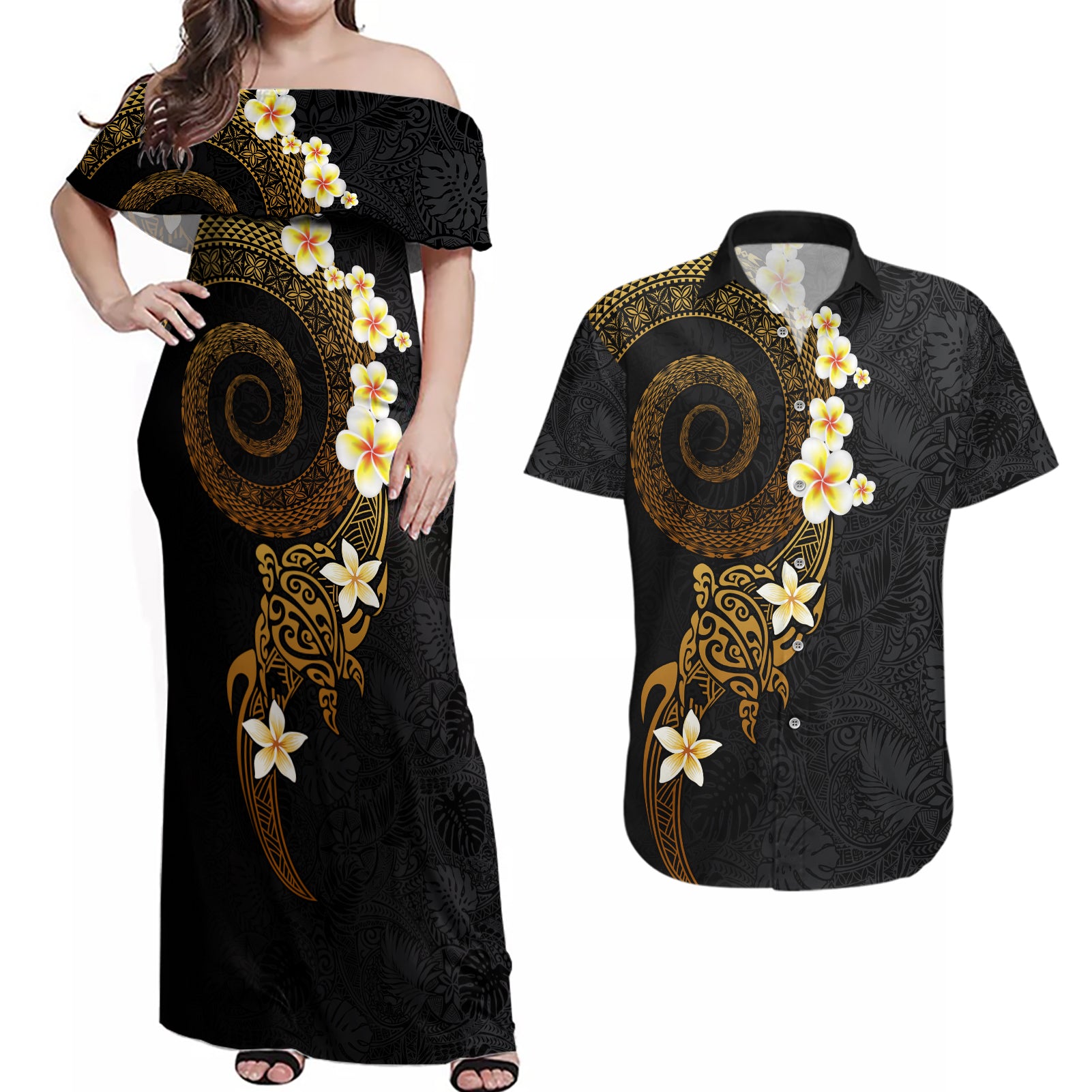 Polynesian Spiral Tribal Tattoo Couples Matching Off Shoulder Maxi Dress and Hawaiian Shirt Golden Color