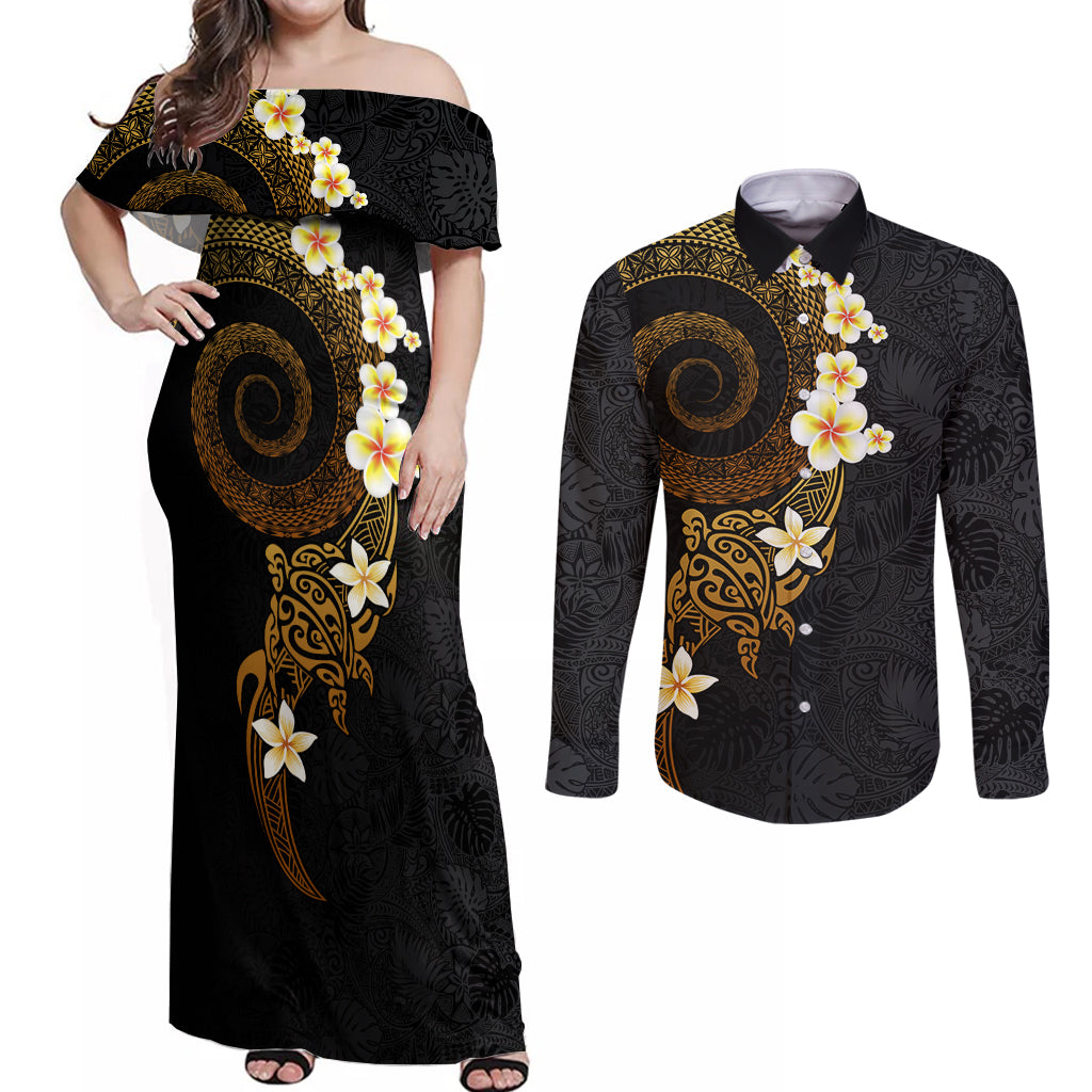 Polynesian Spiral Tribal Tattoo Couples Matching Off Shoulder Maxi Dress and Long Sleeve Button Shirt Golden Color