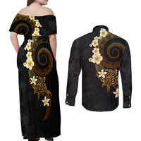 Polynesian Spiral Tribal Tattoo Couples Matching Off Shoulder Maxi Dress and Long Sleeve Button Shirt Golden Color