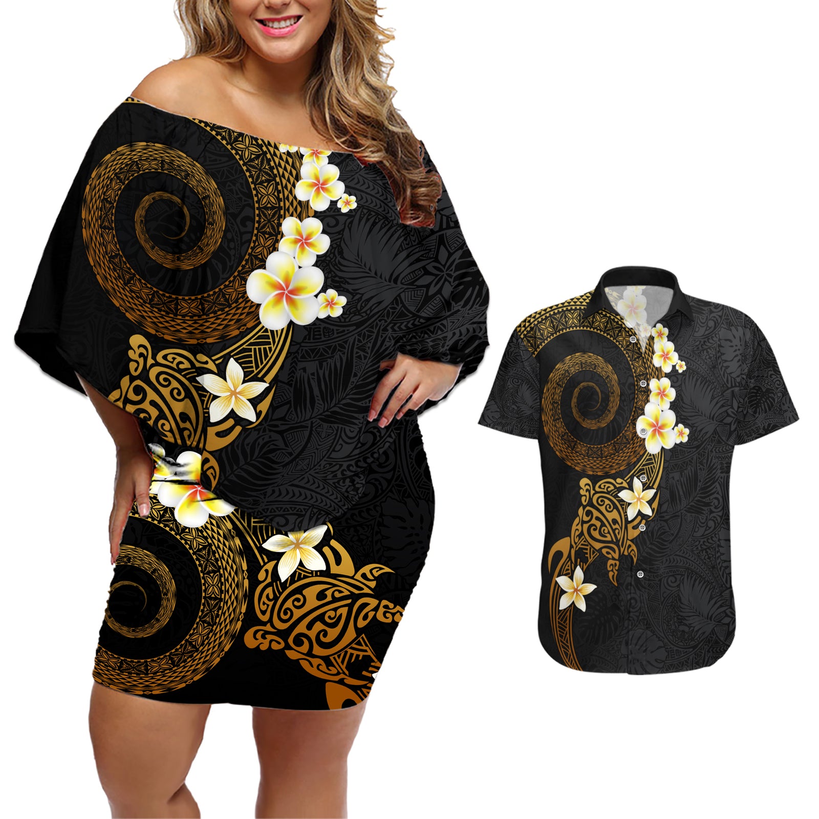 Polynesian Spiral Tribal Tattoo Couples Matching Off Shoulder Short Dress and Hawaiian Shirt Golden Color