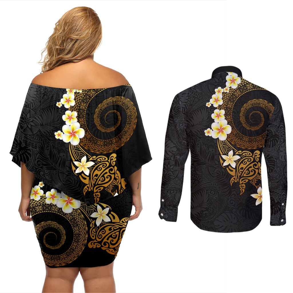 Polynesian Spiral Tribal Tattoo Couples Matching Off Shoulder Short Dress and Long Sleeve Button Shirt Golden Color