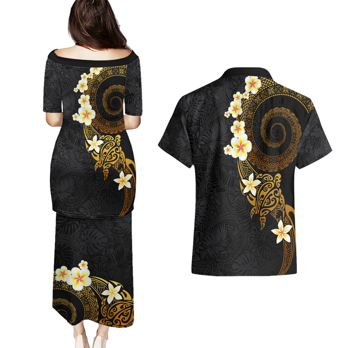 Polynesian Spiral Tribal Tattoo Couples Matching Puletasi and Hawaiian Shirt Golden Color