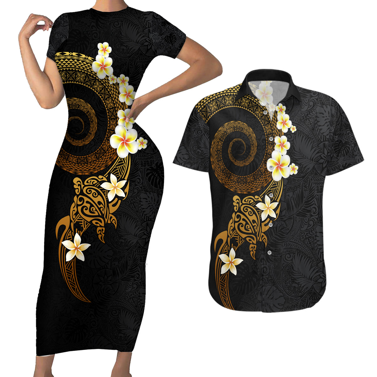 Polynesian Spiral Tribal Tattoo Couples Matching Short Sleeve Bodycon Dress and Hawaiian Shirt Golden Color LT03 Yellow - Polynesian Pride