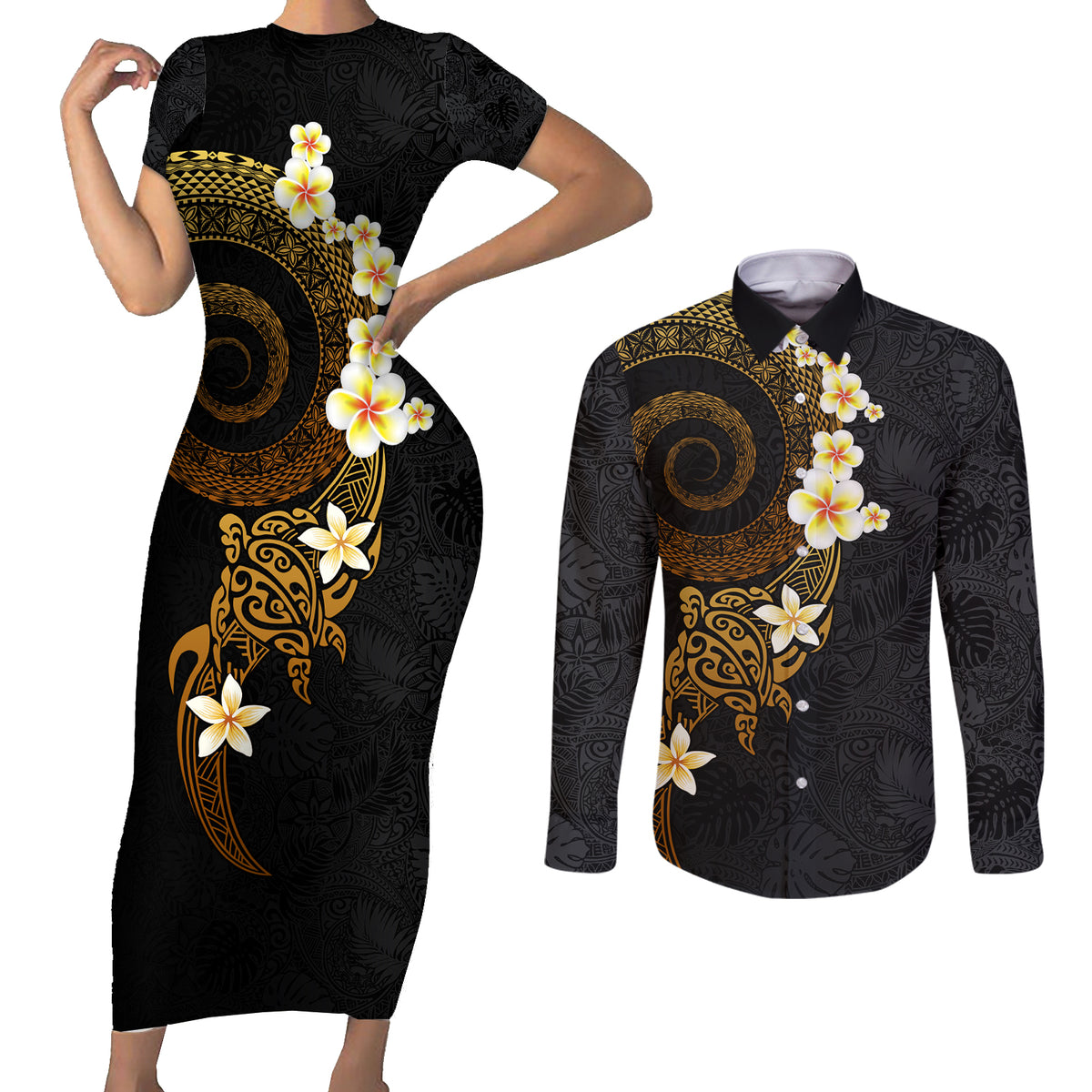 Polynesian Spiral Tribal Tattoo Couples Matching Short Sleeve Bodycon Dress and Long Sleeve Button Shirt Golden Color