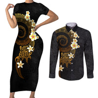 Polynesian Spiral Tribal Tattoo Couples Matching Short Sleeve Bodycon Dress and Long Sleeve Button Shirt Golden Color