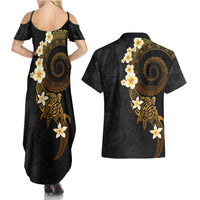 Polynesian Spiral Tribal Tattoo Couples Matching Summer Maxi Dress and Hawaiian Shirt Golden Color