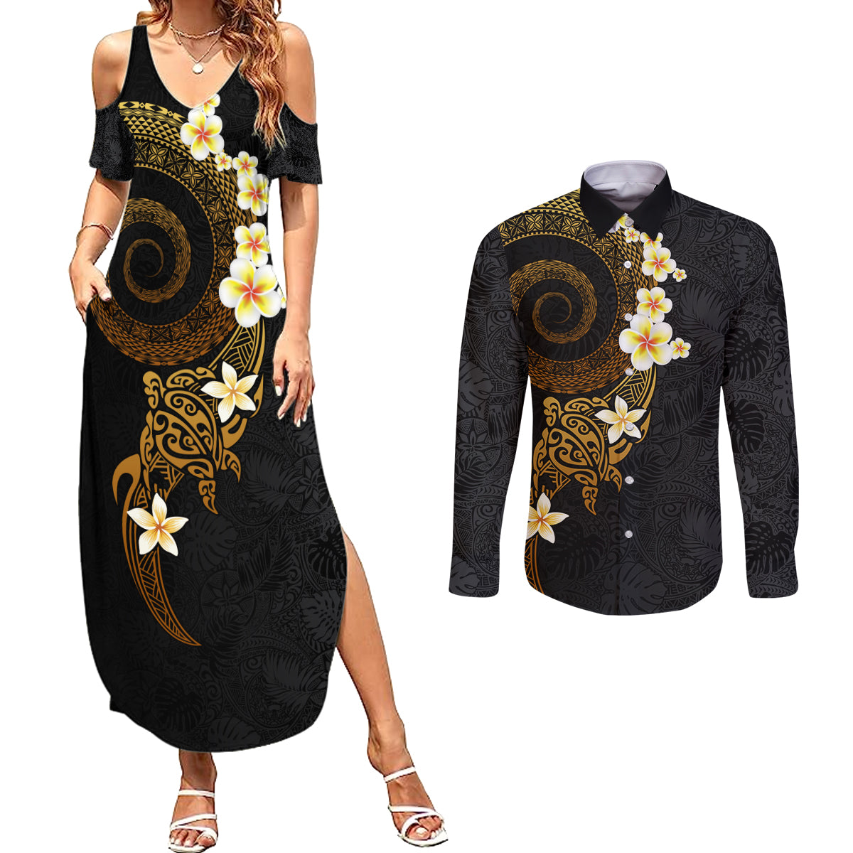 Polynesian Spiral Tribal Tattoo Couples Matching Summer Maxi Dress and Long Sleeve Button Shirt Golden Color
