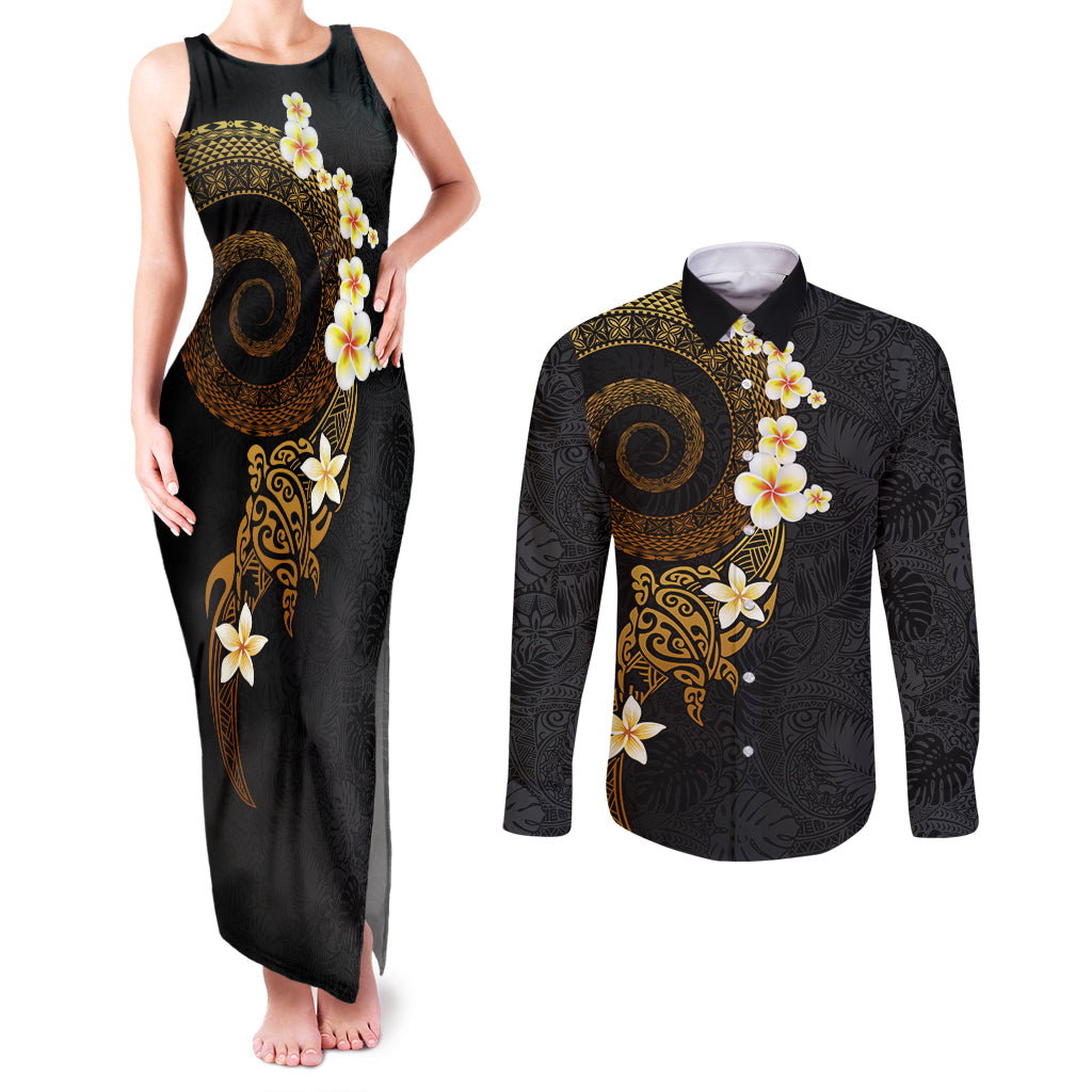 Polynesian Spiral Tribal Tattoo Couples Matching Tank Maxi Dress and Long Sleeve Button Shirt Golden Color