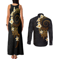 Polynesian Spiral Tribal Tattoo Couples Matching Tank Maxi Dress and Long Sleeve Button Shirt Golden Color