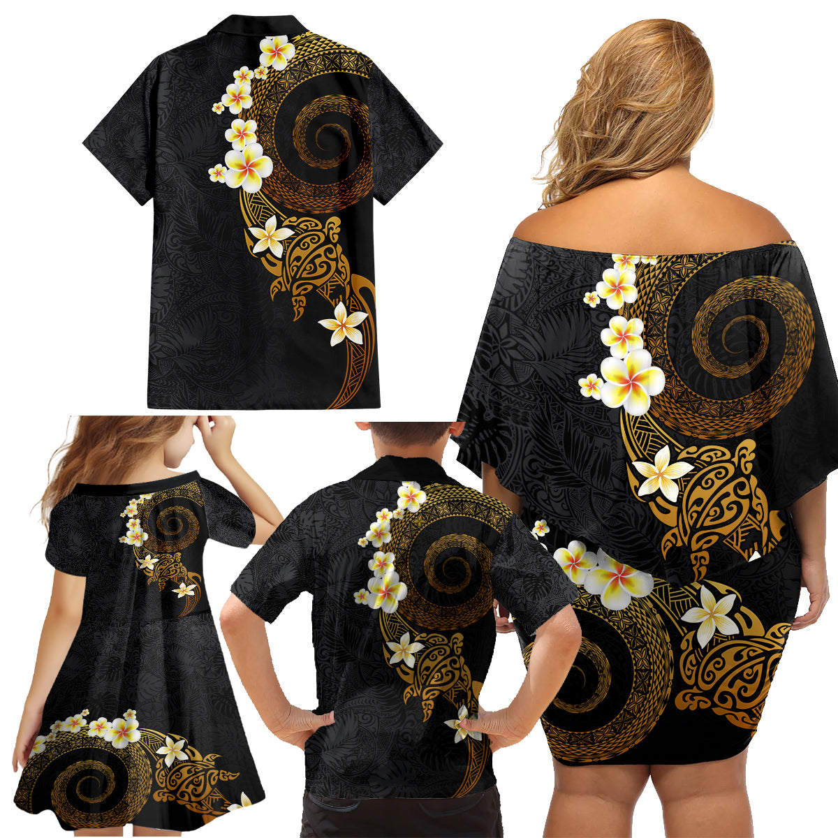Polynesian Spiral Tribal Tattoo Family Matching Off Shoulder Short Dress and Hawaiian Shirt Golden Color