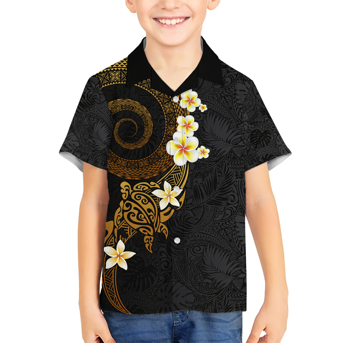 Polynesian Spiral Tribal Tattoo Kid Hawaiian Shirt Golden Color