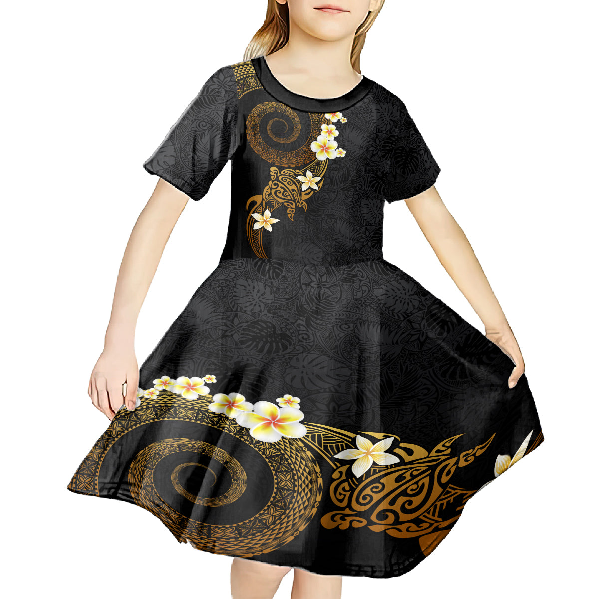 Polynesian Spiral Tribal Tattoo Kid Short Sleeve Dress Golden Color