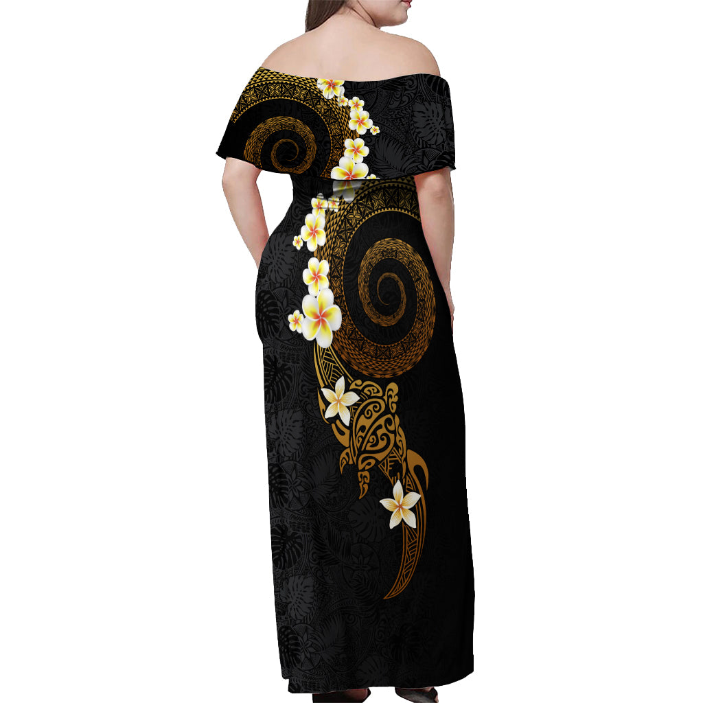 Polynesian Spiral Tribal Tattoo Off Shoulder Maxi Dress Golden Color
