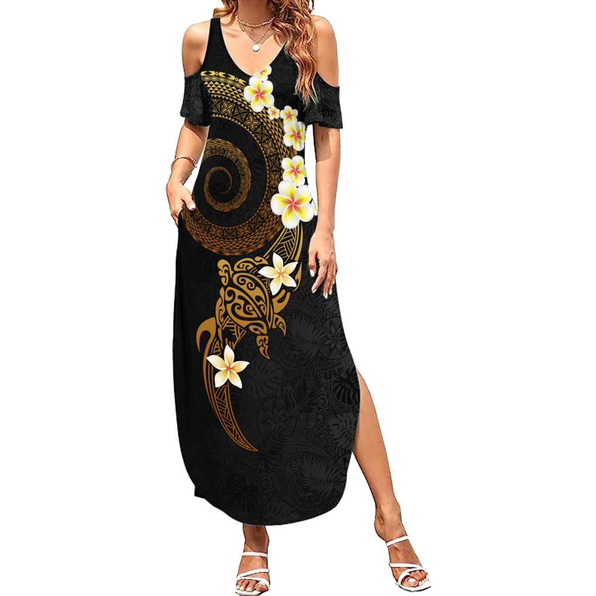 Polynesian Spiral Tribal Tattoo Summer Maxi Dress Golden Color