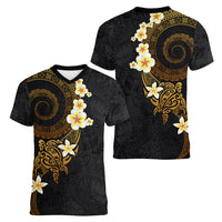 Polynesian Spiral Tribal Tattoo Women V Neck T Shirt Golden Color