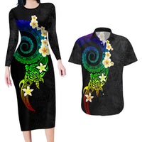 Polynesian Spiral Tribal Tattoo Couples Matching Long Sleeve Bodycon Dress and Hawaiian Shirt Fanciful Color LT03 Black - Polynesian Pride