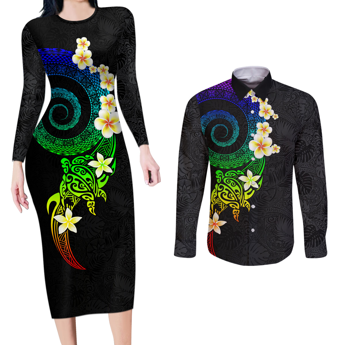 Polynesian Spiral Tribal Tattoo Couples Matching Long Sleeve Bodycon Dress and Long Sleeve Button Shirt Fanciful Color